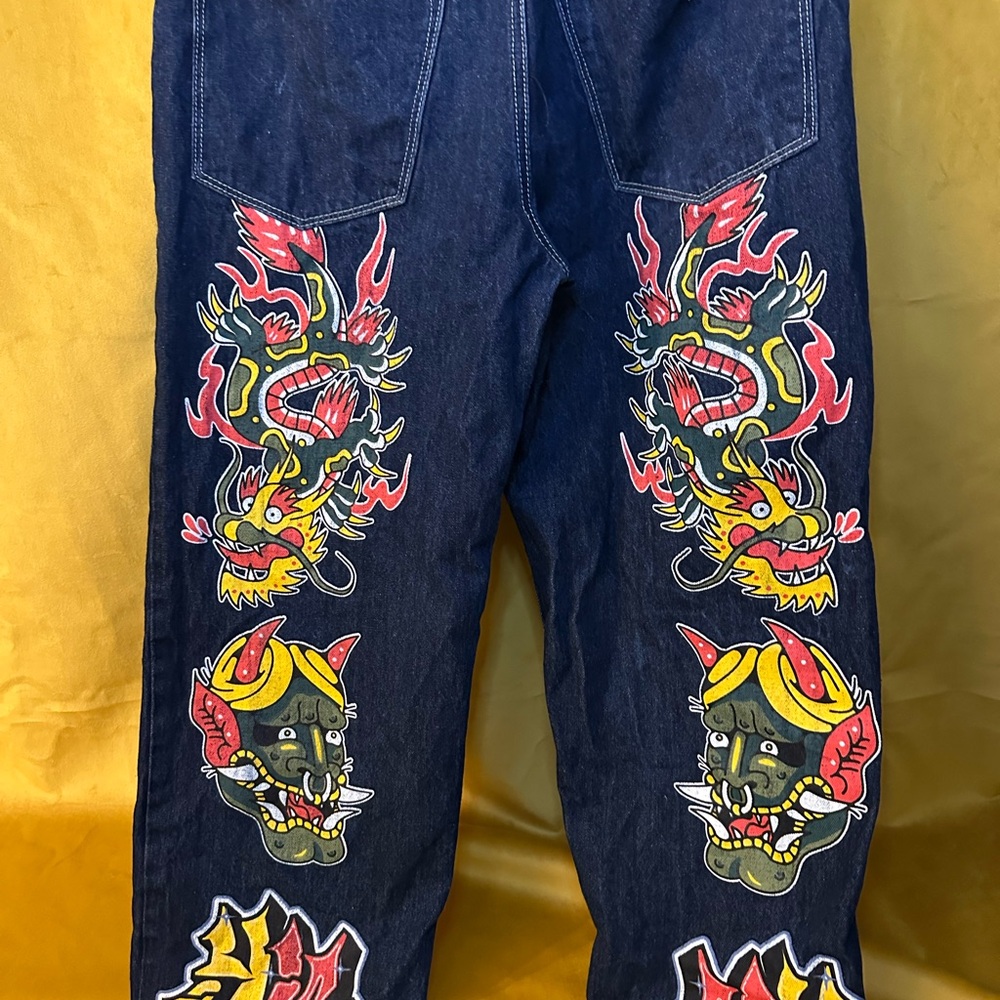 Men's Dark Blue Dragon Graphic Jeans